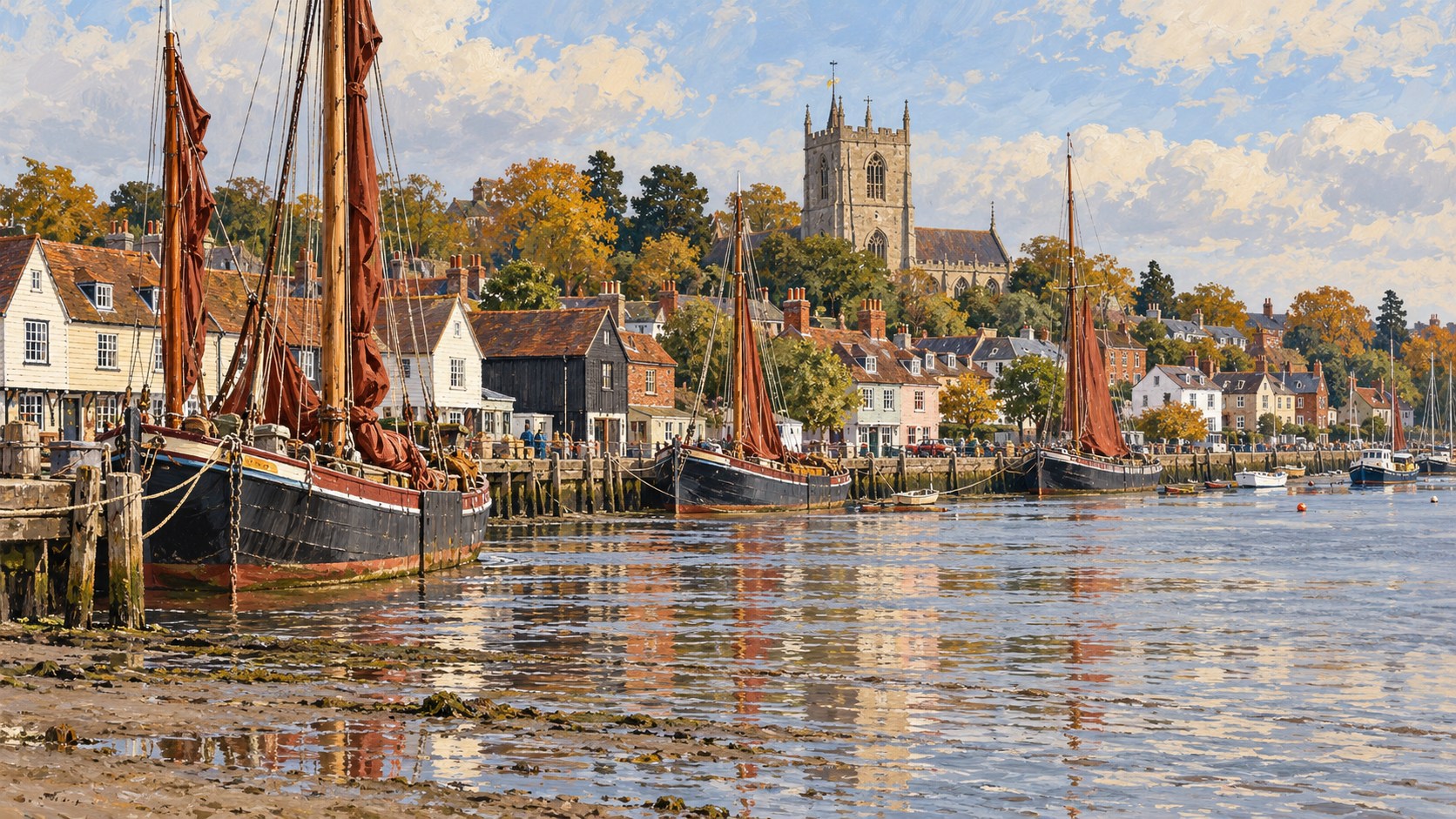Artist’s impression of Thames sailing barges at Hythe Quay, with Maldon’s waterfront and St Mary’s church beyond