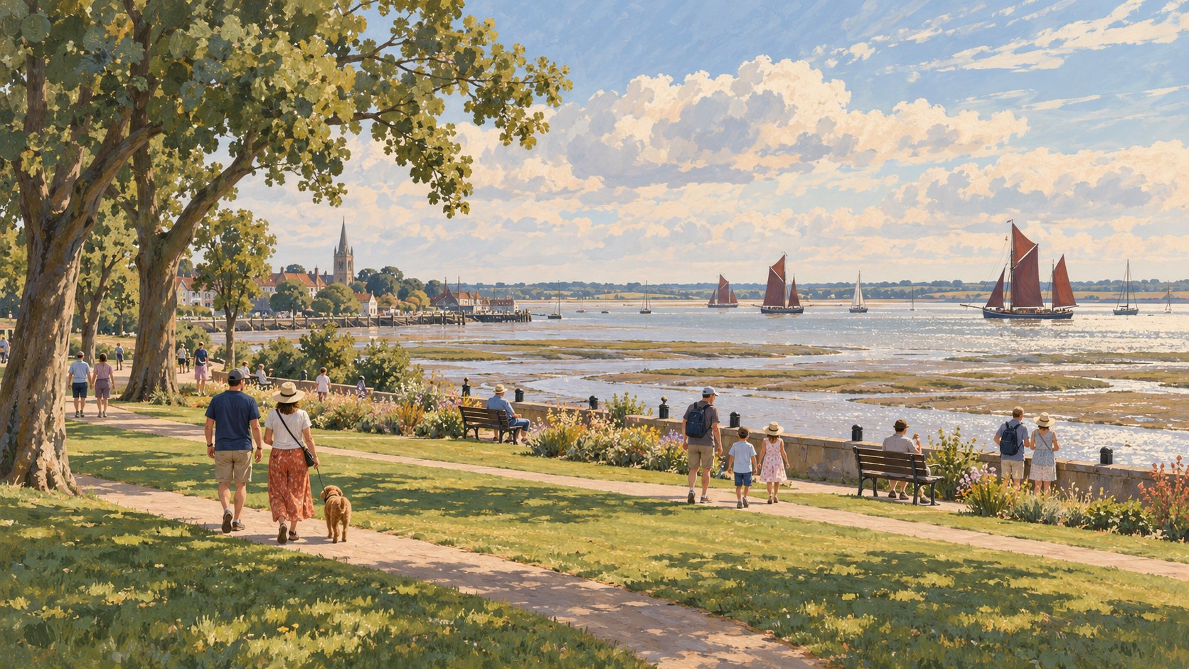 Artist’s impression of walkers in Maldon Promenade Park beside the Blackwater estuary